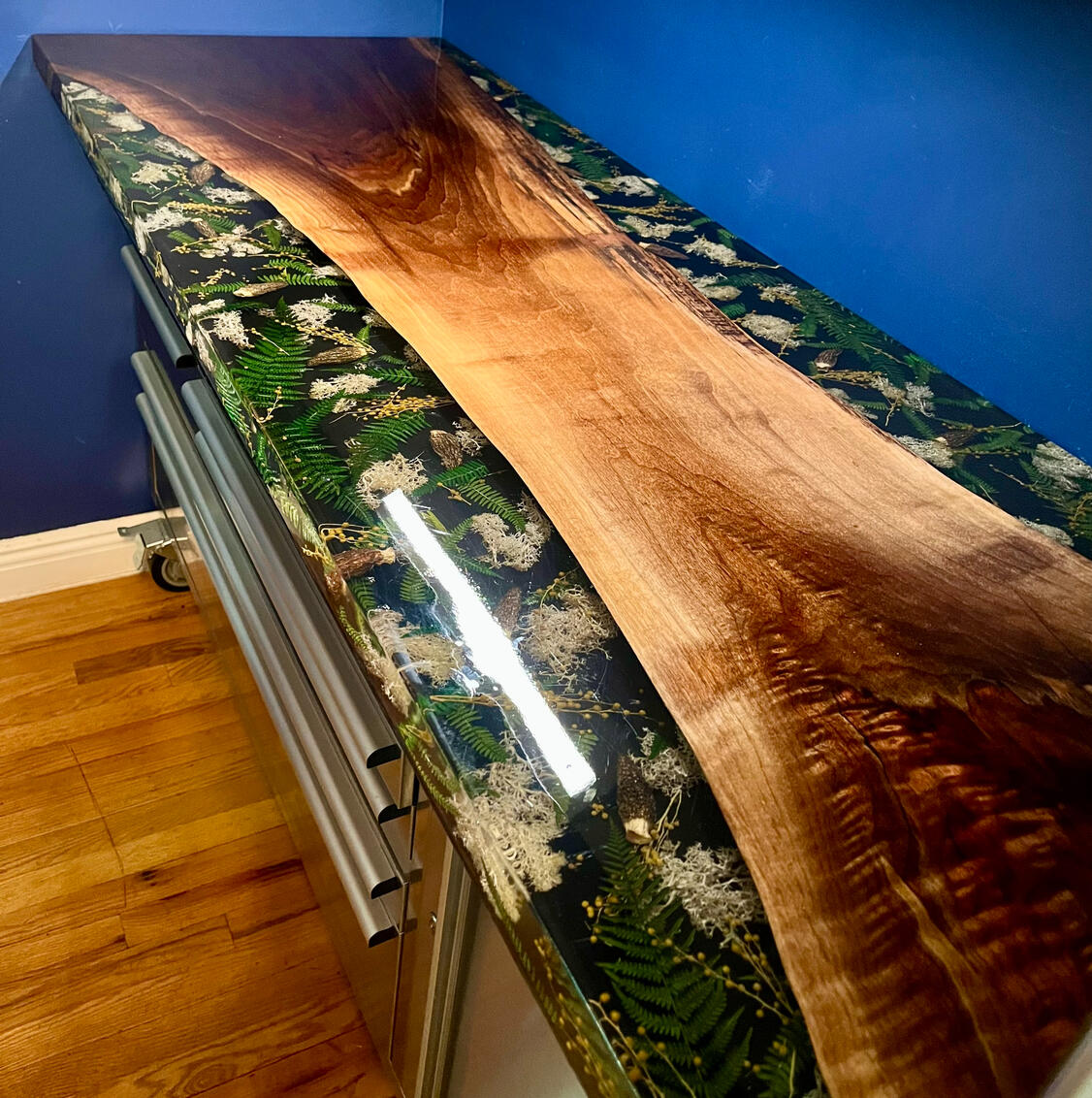 Fern, moss, and black walnut tabletop